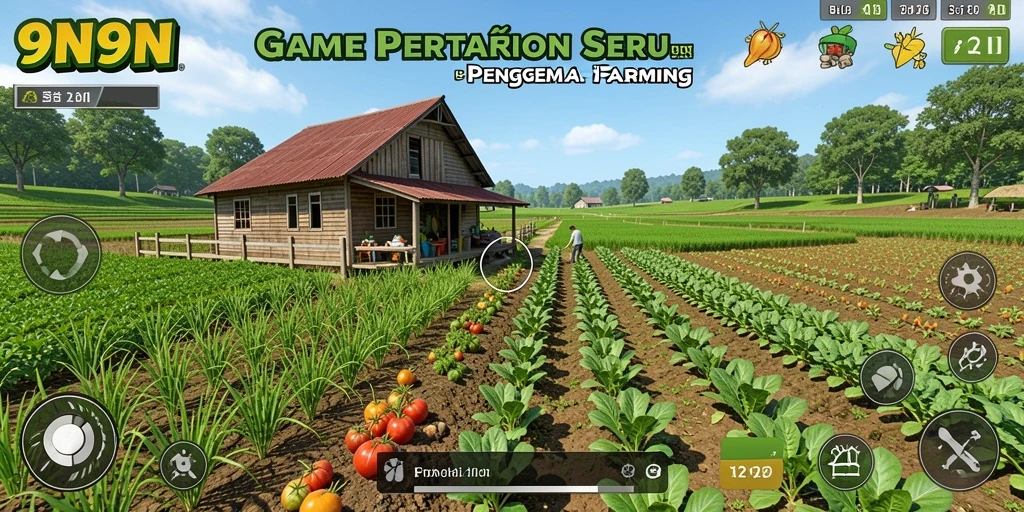 Screenshot gameplay 9N9N menampilkan ladang yang subur dan aktivitas pertanian.
