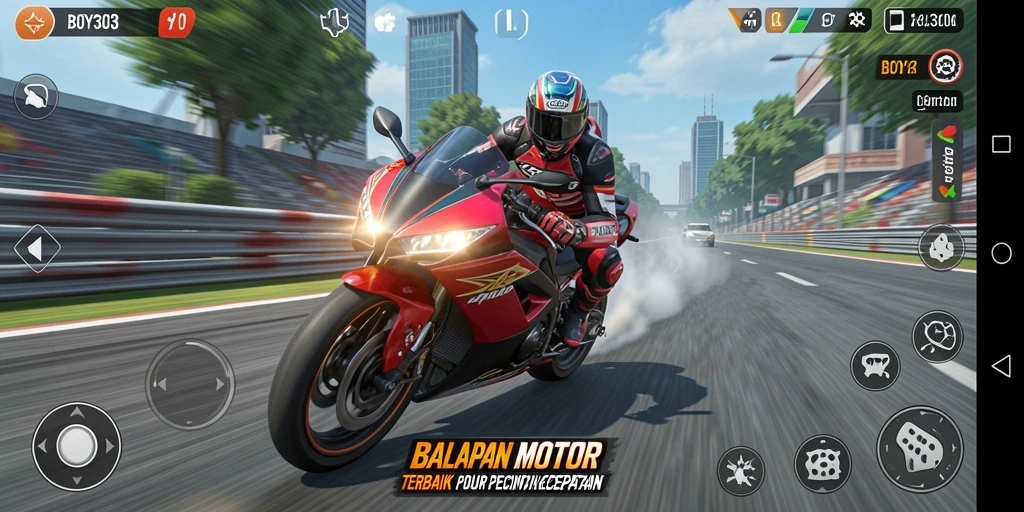 Gameplay mendebarkan BOY303 menunjukkan aksi balapan motor yang cepat.