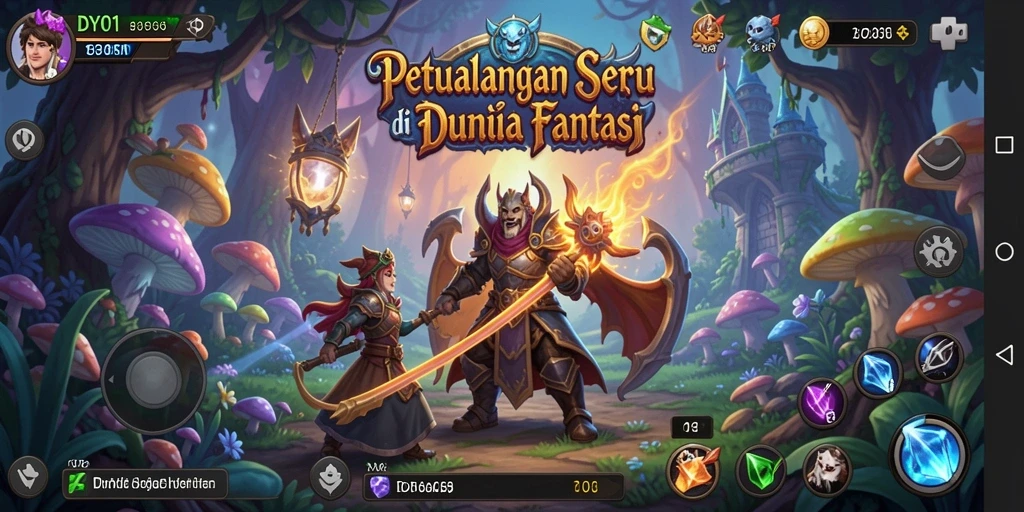 Screenshot menunjukkan karakter utama menjelajahi dunia fantasi yang indah.