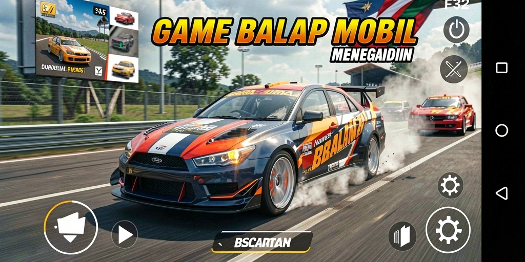 Screenshot F32 menampilkan aksi balap mobil yang seru dan mendebarkan.