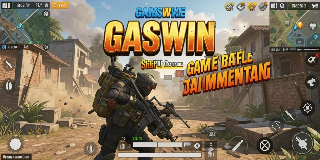 Tangkapan layar utama GASWIN menampilkan aksi pertarungan seru dalam Battle Royale.