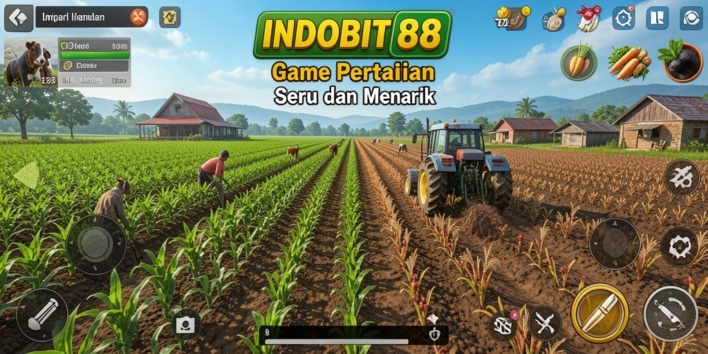 Tampilan gameplay INDOBIT88 dengan aktivitas bertani yang seru.
