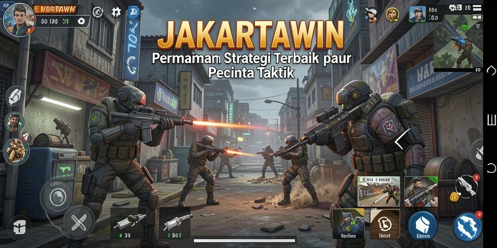 Tangkapan layar utama JAKARTAWIN menampilkan aksi pertarungan strategi yang mengasyikkan.