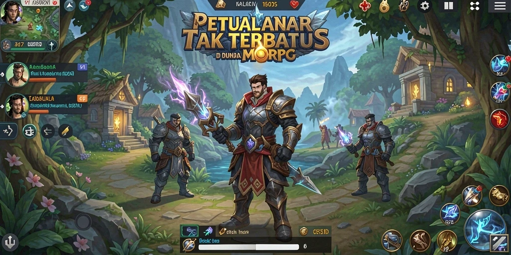 Screenshot menunjukkan karakter bermain di dunia MMORPG yang luas.