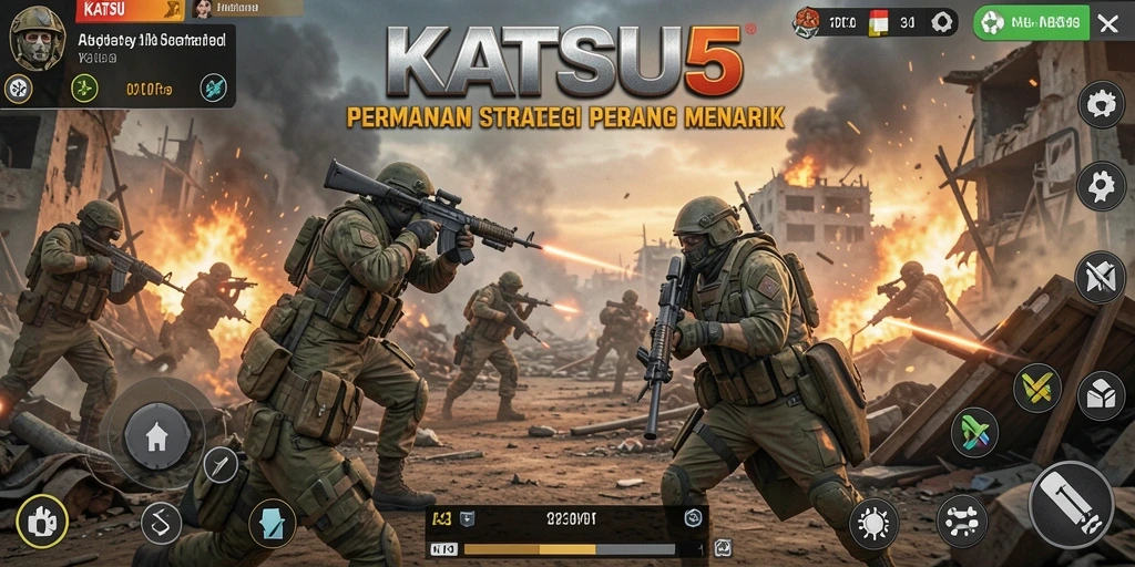 Screenshot KATSU5 menampilkan sekelompok pasukan siap tempur.