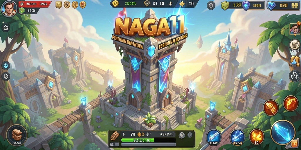 Screenshot NAGA11 menampilkan aksi seru pertahanan menara.