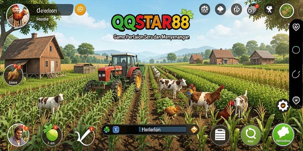 Screenshot gameplay QQSTAR88 menampilkan petani yang merawat tanaman di kebun.