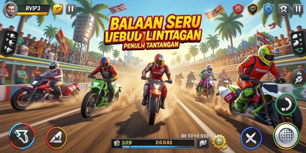 Screenshot gameplay <strong>RVIP3</strong> menampilkan aksi balapan yang mendebarkan.