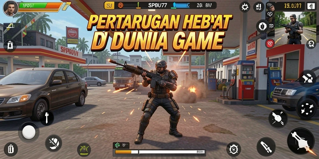 Screenshot gameplay SPBU77 menampilkan pertarungan yang intens dan karakter yang kuat.