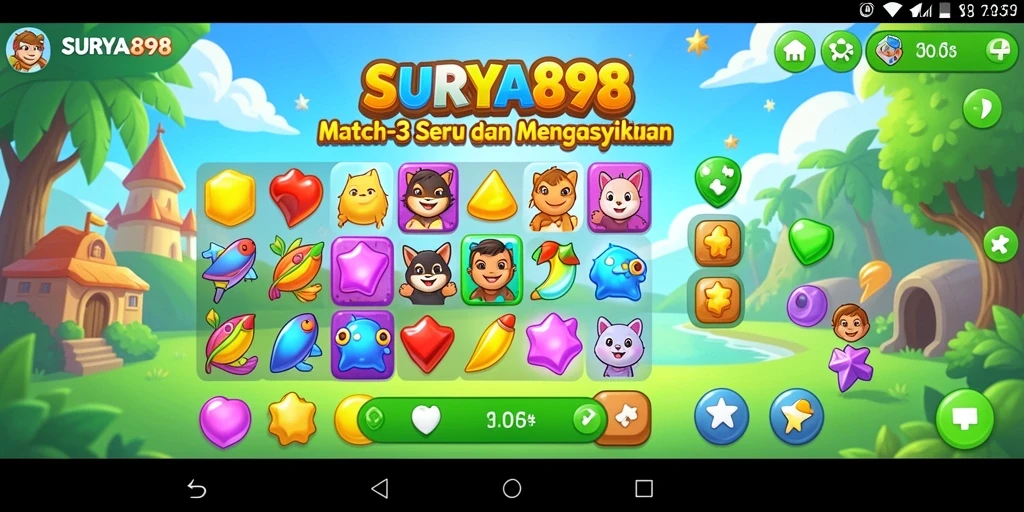 Tangkapan layar <strong>SURYA898</strong> menunjukkan gameplay Match-3 yang penuh warna dan menantang.