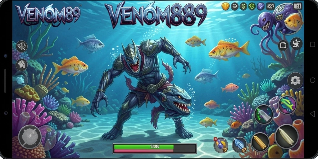 Tampilan gameplay seru dalam VENOM889 saat menembak ikan.